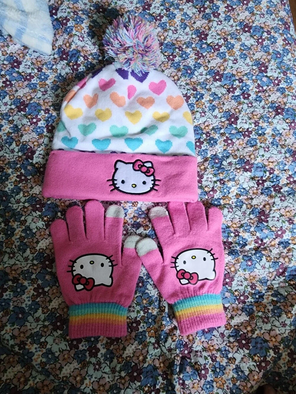 Hello Kitty Pink Beanie and Glove Set with Rainbow Hearts
